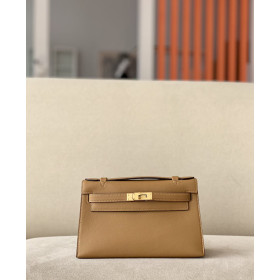 Hermes Kelly Pochette Swift New Bleu Jean (D2) Gold Hardware Brown