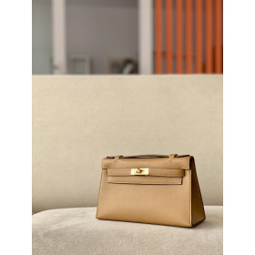 Hermes Kelly Pochette Swift New Bleu Jean (D2) Gold Hardware Brown