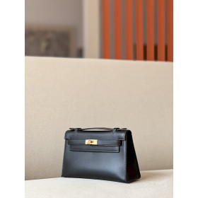 Hermes Kelly Pochette Ostrich Vermillon (5E) Palladium Hardware Black