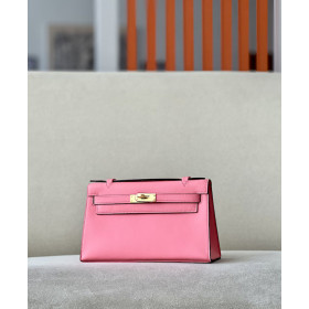 Hermes Kelly Pochette Epsom Vert Amande (63) Palladium Hardware Pink