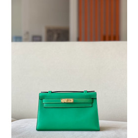 Hermes Kelly Pochette Swift Nata (I2) Palladium Hardware Green