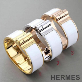 Hermes Large Hinged Enamel Bracelet White