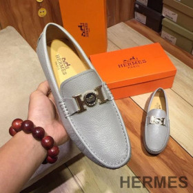 Hermes Loafers Men Togo Leather Grey