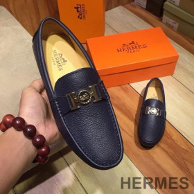 Hermes Loafers Men Togo Leather Navy Blue