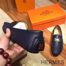 Hermes Loafers Men Togo Leather Navy Blue