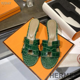 Hermes Oasis Slides Women Alligator Leather Green