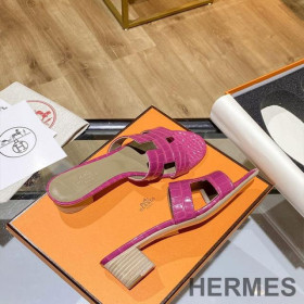 Hermes Oasis Slides Women Alligator Leather Rose