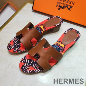 Hermes Oasis Slides Women Coquelicot Calfskin Brown