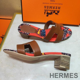 Hermes Oasis Slides Women Coquelicot Calfskin Brown