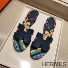 Hermes Oasis Slides Women Coquelicot Calfskin Navy Blue