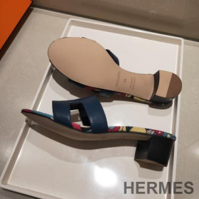 Hermes Oasis Slides Women Coquelicot Calfskin Navy Blue