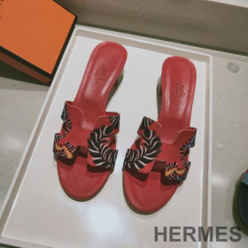 Hermes Oasis Slides Women Coquelicot Cotton Canvas Red