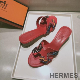 Hermes Oasis Slides Women Coquelicot Cotton Canvas Red