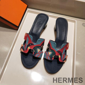 Hermes Oasis Slides Women Fantaisie Botanique Cotton Canvas Red