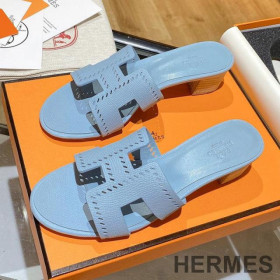Hermes Oasis Slides Women Hollow Leather Blue Blue