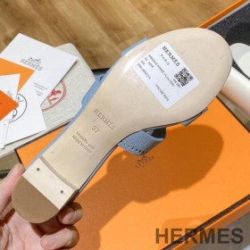 Hermes Oasis Slides Women Hollow Leather Blue Blue
