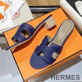 Hermes Oasis Slides Women Hollow Leather Blue