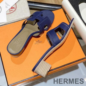 Hermes Oasis Slides Women Hollow Leather Blue
