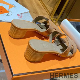 Hermes Oasis Slides Women Hollow Leather Brown