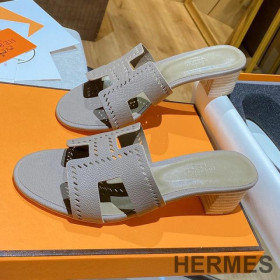 Hermes Oasis Slides Women Hollow Leather Coffee