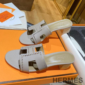 Hermes Oasis Slides Women Hollow Leather Grey