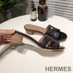 Hermes Oasis Slides Women Palladium Studs Calfskin Black