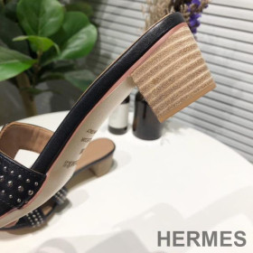 Hermes Oasis Slides Women Palladium Studs Calfskin Black