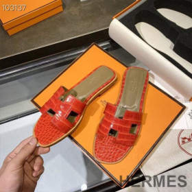 Hermes Oran Slides Women Alligator Leather Red