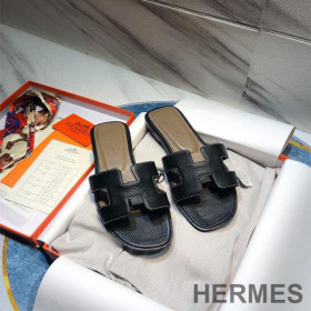 Hermes Oran Slides Women Calf Leather Black