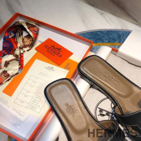 Hermes Oran Slides Women Calf Leather Black