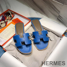 Hermes Oran Slides Women Calf Leather Dark Blue