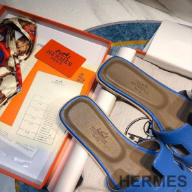 Hermes Oran Slides Women Calf Leather Dark Blue