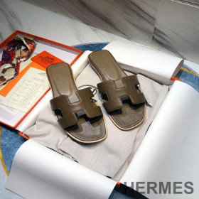 Hermes Oran Slides Women Calf Leather Dark Brown