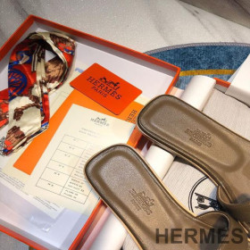 Hermes Oran Slides Women Calf Leather Dark Brown