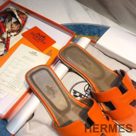 Hermes Oran Slides Women Calf Leather Orange