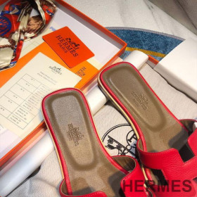 Hermes Oran Slides Women Calf Leather Red
