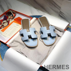 Hermes Oran Slides Women Calf Leather Sky Blue