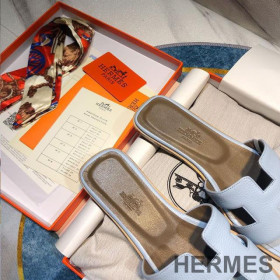 Hermes Oran Slides Women Calf Leather Sky Blue