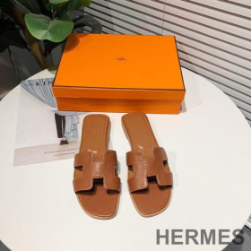 Hermes Oran Slides Women Calfskin Brown