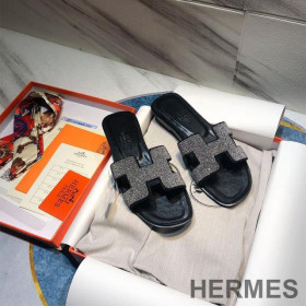Hermes Oran Slides Women Calfskin With Crystal Black