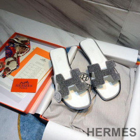 Hermes Oran Slides Women Calfskin With Crystal White