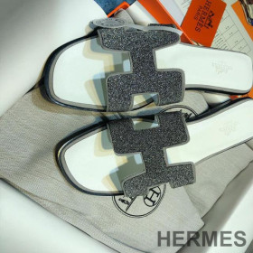 Hermes Oran Slides Women Calfskin With Crystal White