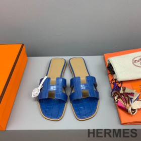 Hermes Oran Slides Women Crocodile Leather Blue