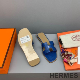 Hermes Oran Slides Women Crocodile Leather Blue