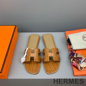 Hermes Oran Slides Women Crocodile Leather Brown