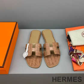 Hermes Oran Slides Women Crocodile Leather Camel
