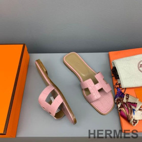 Hermes Oran Slides Women Crocodile Leather Cherry