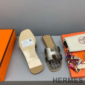 Hermes Oran Slides Women Crocodile Leather Grey