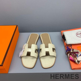 Hermes Oran Slides Women Crocodile Leather Lemon