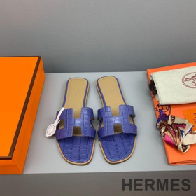 Hermes Oran Slides Women Crocodile Leather Navy Blue